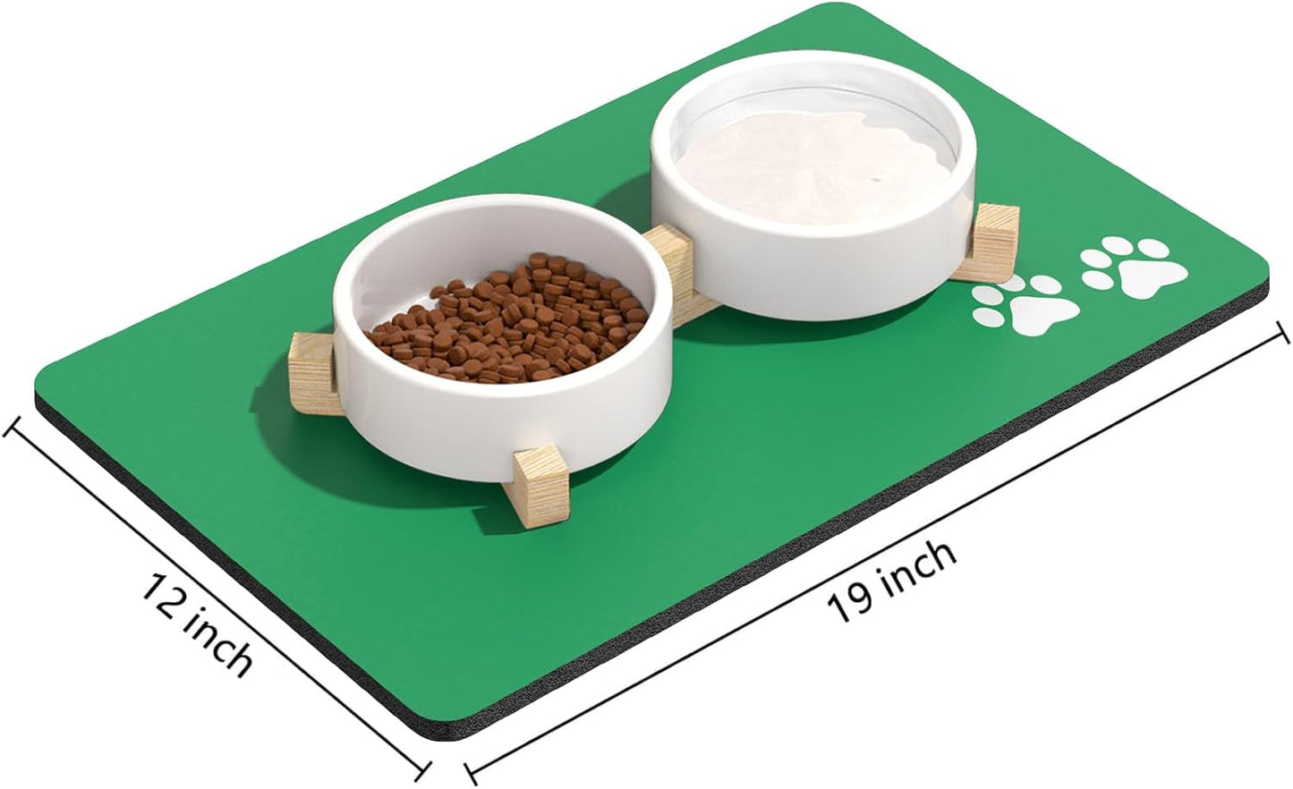 Rnivvi Dog Food Mat, 12" x 19" Footprint Absorbent Dog Cat Bowl Mat for Food and Water, Cute Anti-Slip Rubber Pet Feeding Rug Protect Floors, Puppy Placemat for Feeding & Watering Supplies, Green