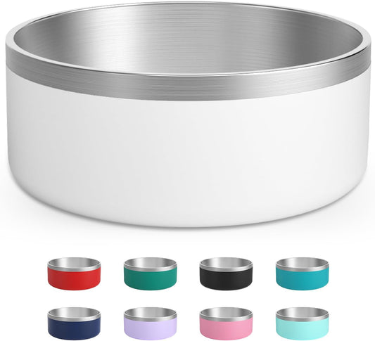 Stainless Steel Dog Bowl, Metal Water and Food Dish for Large Dogs, Insulated Non-Slip Pet Bowl, Easy Clean, 40oz, White