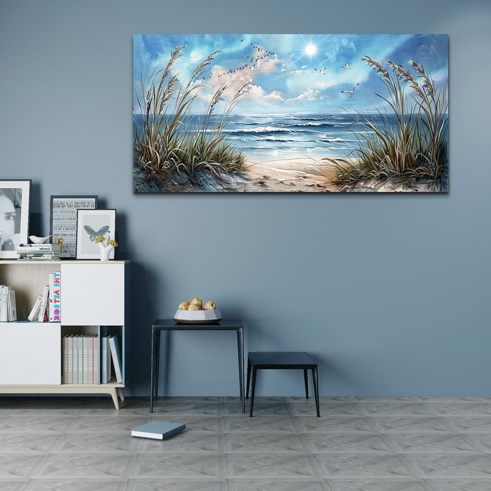hyidecorart Large Wall Art For Living Room Wall Decor For Bedroom Sunshine Ocean Scenery Painting Blue Sea Waves Wall Pictures Office Modern Canvas Prints Artwork Aesthetic Home Decoration 48"X 24"