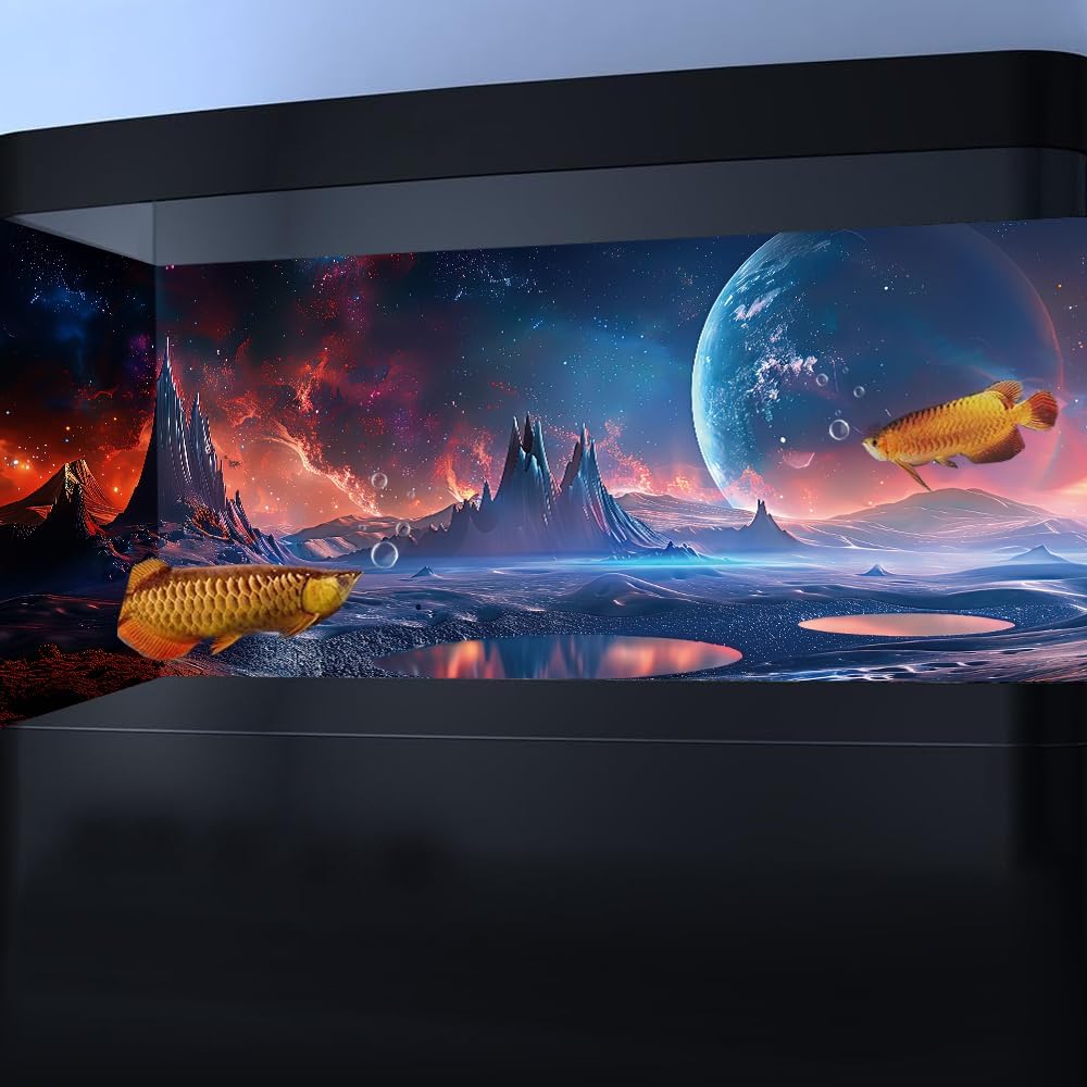 Scarlet Cosmic Aquarium Background,Cool Galaxy Parallel Space Themed Fish Tank Background, Tropical Desert Terrarium Background 72X16IN with 8 EVA Double-Sided Tape