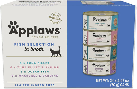 Applaws Natural Wet Canned Cat Food, Made with Limited and Natural Ingredients, Real Protein with No Artificial Additives, Fish Selection Variety Pack in Broth (24 x 2.47oz Cans)
