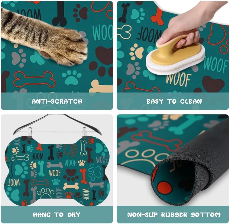 Dog Food Mats for Floors Waterproof, Pet Feeding Absorbent Water Bowl Mat Cat Placemats Green Bone Shape 25.5 * 17 inch