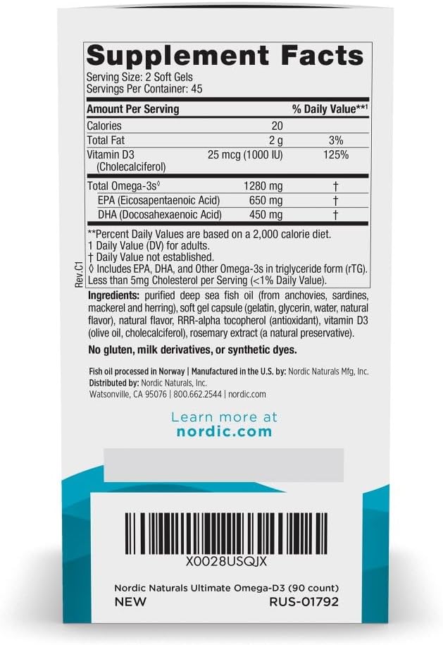 Nordic Naturals Ultimate Omega-D3, Lemon Flavor - 90 Soft Gels - 1280 mg Omega-3 + 1000 IU Vitamin D3 - EPA & DHA - Promotes Brain, Heart, & Immune Health - 45 Servings