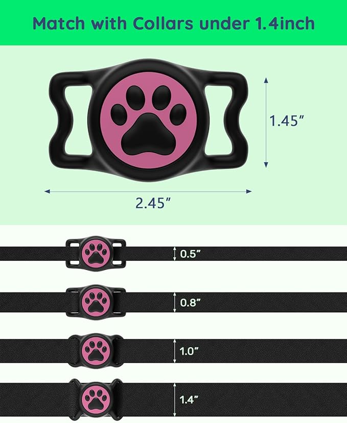 IP68 Waterpoof Dog Air tag Holder, Stretchy Silicone Full Body Covered Apple Air Tag Holder for Dog Cat Collar Fit All Width Collar (Black & Rose, 1 Pack)