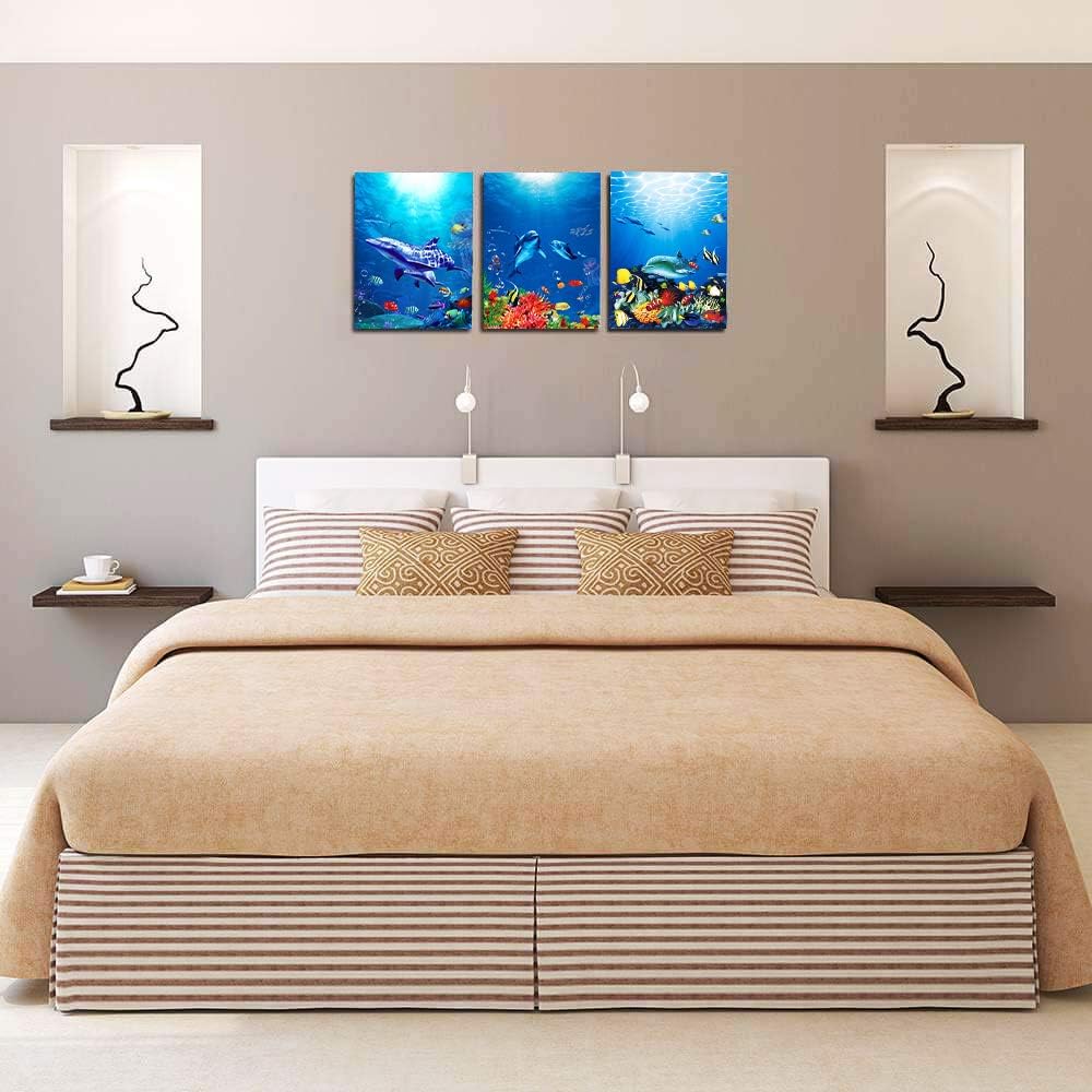 blue ocean fish 3 Pieces Framed Wall Art for Living Room Bathroom Wall Decoration Canvas Print Children's Bedroom Wall decor Office Kitchen Home Decoration Underwater World Watercolor Painting