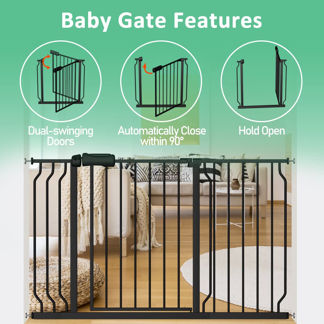 ALLAIBB Extra Wide Pressure Mounted Baby Gate Walk Through Child Kids Safety Toddler Tension White Long Large Pet Dog Gates with Extension for doorways Kitchen (57.48-62.20"/146-158cm, Black)