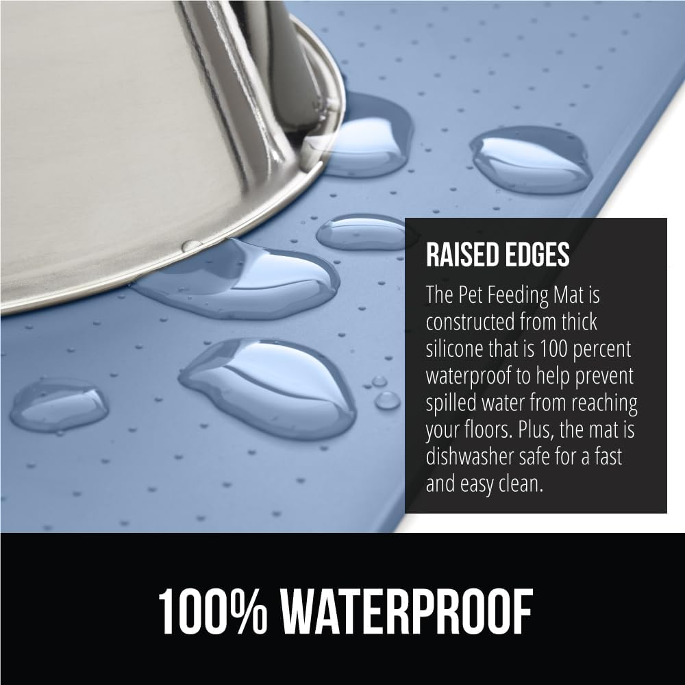 GORILLA GRIP 100% Waterproof Raised Edge BPA Free Silicone Pet Feeding Mat, Dog Cat Food Mats Contain Spills Protects Floors, Placemats for Cats and Dogs Water Bowl, Pets Accessories 32x24 Blue