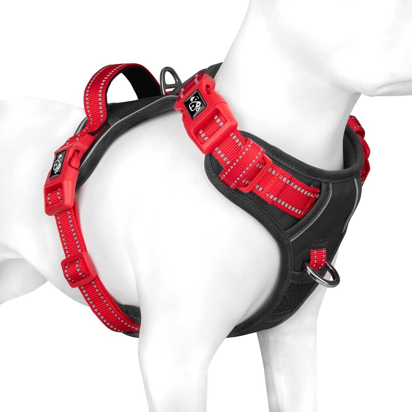 PHOEPET No Pull Dog Harness, Unique Colors Reflective Adjustable Dog Vest, with Soft Training Handle Metal Clips for Small Medium Large Dogs (Black Base & Red Straps,XL)