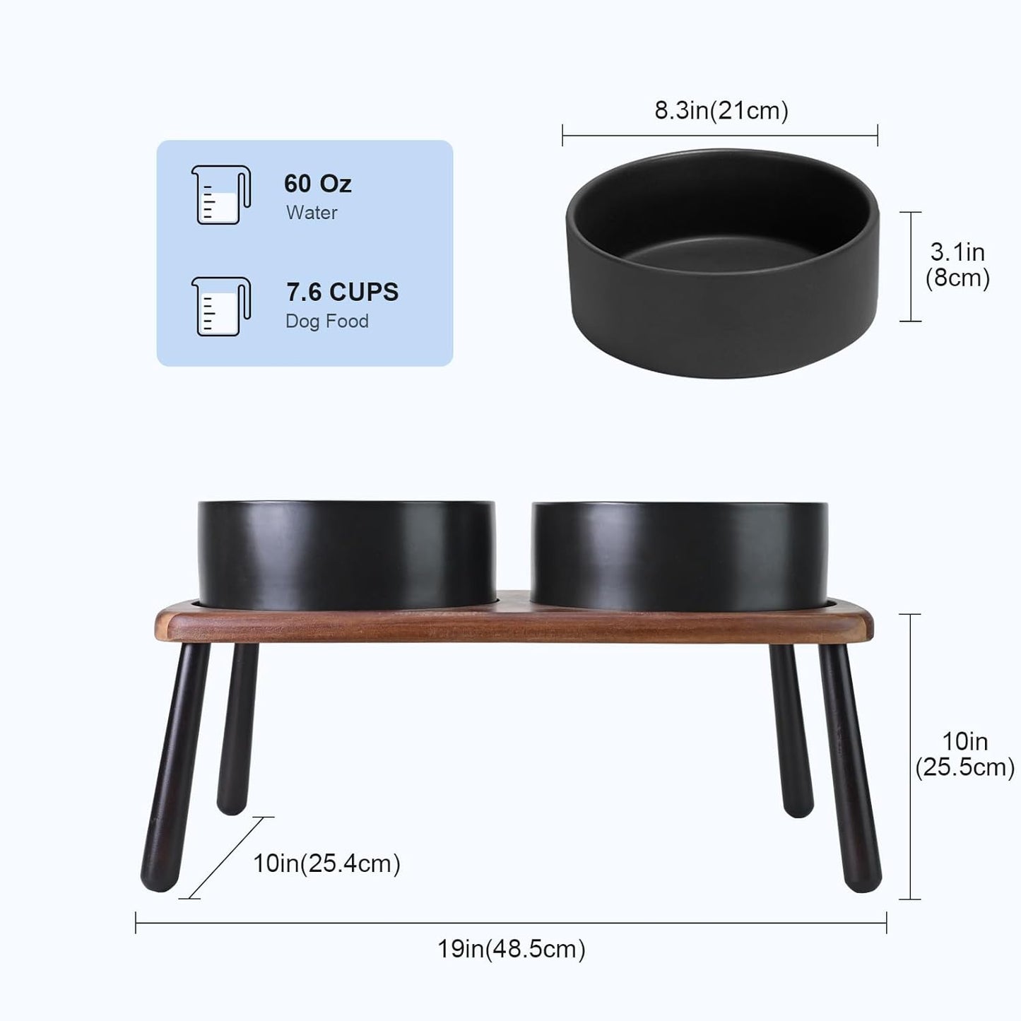 SPUNKYJUNKY Ceramic Elevated Dog Bowls Raised with Acacia Bamboo Wooden Stand, 8.3'' Dog Food Water Bowls Set Non-Slip for Medium Large Sized Breed Microwave Dishwasher Safe - 60 OZ,Black