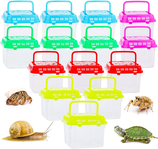 14 Pack Small Plastic Reptile Carrier Breeding Box Hatching Container for Fish Turtle Hermit Crab Spider Snake Bearded Dragon Lizard (4.7 x 4.7 x 3.9 Inch)