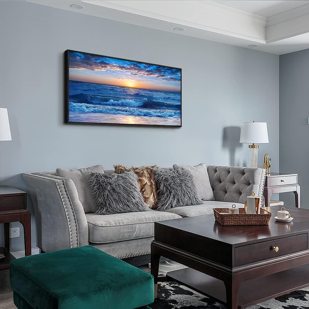 Sea Beach Framed Canvas Wall Art For Living Room Wall Decor For Bedroom Home Decor Blue Ocean Canvas Pictures Artwork Sunny Sea View Wave Painting Office Wall Decorations Black Framed 20" X 40"