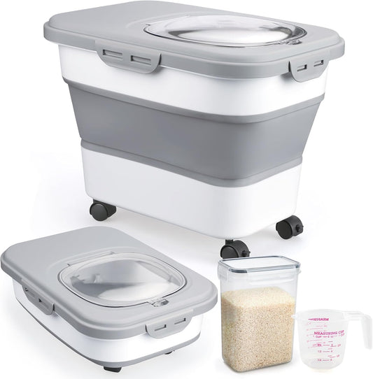 Rice Storage Containers, Collapsible 20 to 30Lbs Food Storage Bin Dispenser with Rolling Wheel and Clear Airtight Lid, BPA Free Flour, Sugar, Cereal and Dog Cat Pet food Containers