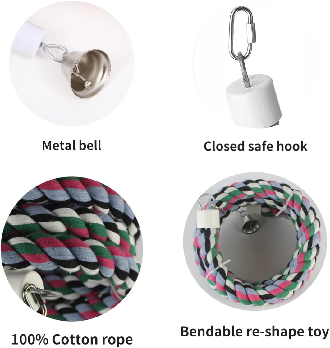 65 inch Length Colorful Cotton Bendable Rope Perch Swing Bird Chew Toys Amazon Parrots Cage Toys with Bell Swing Climbing Standing Bungee Bird Toys for Large to Regular Birds