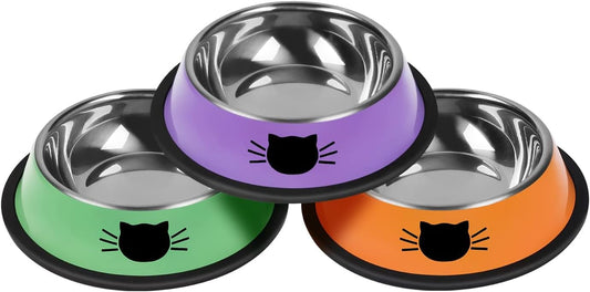 3 Pcs Non-Slip Stainless Steel Small Cat Food Bowls - Unbreakable, Thicken, 7 Oz, Suitable for Indoor Small Pets - Removable Rubber Base, Easily Clean, Lovely Color