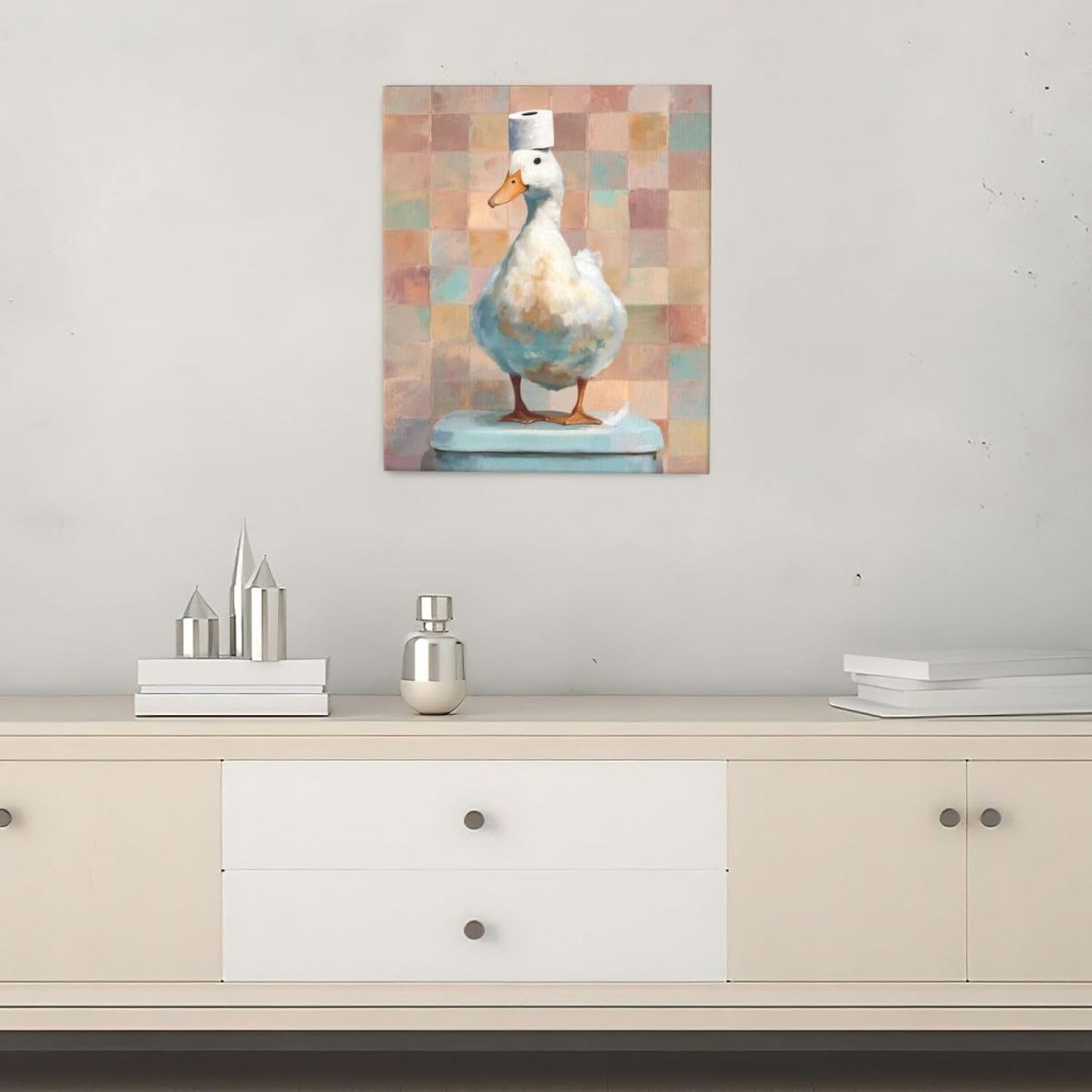 Funny Duck Bathroom Wall Art Cute Duck on Toilet Canvas Wall Decor Funny Quirky Farm Animal Pictures Painting Print Framed Artwork Decorations Gifts for Bathroom 20"x24"