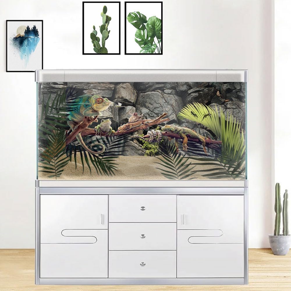 72X18IN Stone Aquarium Background, Rock Fish Tank Background, Natural Rocky Glass Terrarium Background with 8 EVA Double-Sided Tape