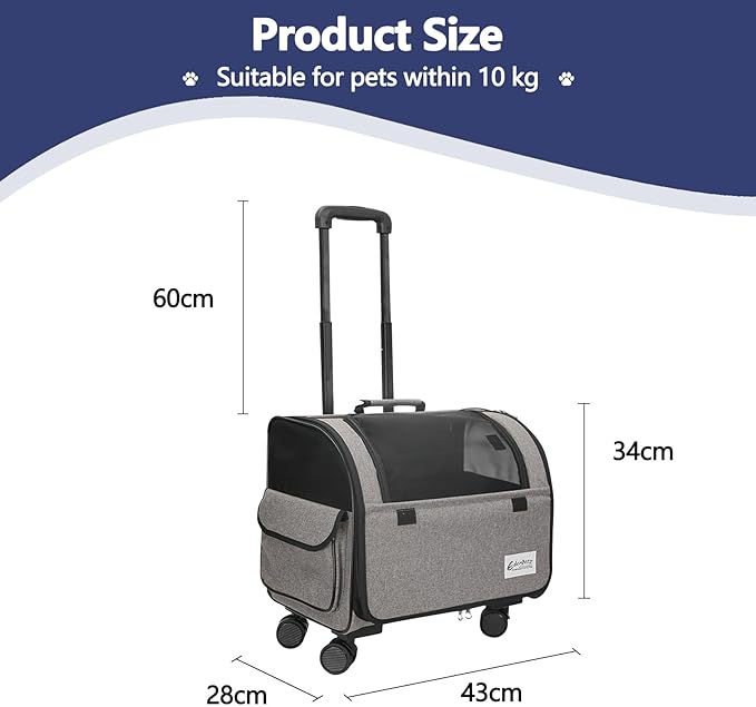 Dog Travel Bag with Removable Rolling Wheels, Airline Approved Pet Carrier, Foldable Cat Bag with Breathable Mesh, Pet Stroller(Grey)