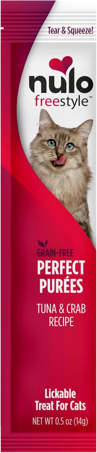 Nulo Freestyle Grain-Free Perfect Purees Premium Wet Cat Treats, Squeezable Meal Topper for Felines, High Moisture Content to Support Cat Hydration, 0.5 Ounce, Tuna & Crab (Pack of 48)