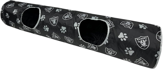 NFL Las Vegas Raiders Cat Tunnel Tube Toy with Plush Football Catnip and Feathers Collapsible Tunnel for Cats to Play, Peek and Hide, Sporty & Fun Cat Tunnel Toy with Team Logo All-Over Design!