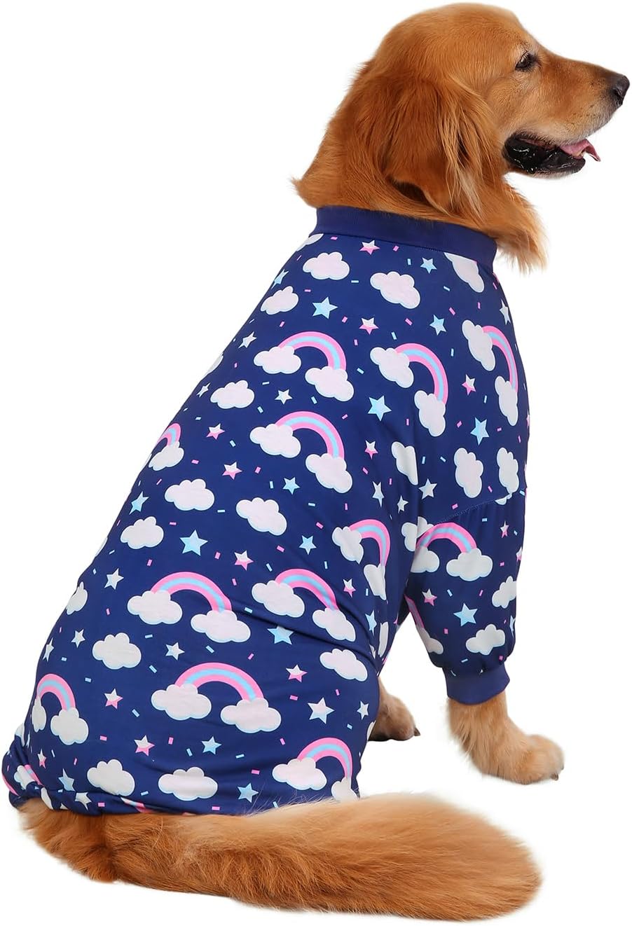 HDE Dog Pajamas One Piece Jammies Jumpsuit Pet Clothes Outfit Stretchy Lightweight Comfy Shirt Pjs for M-3XL Dogs Rainbows - M