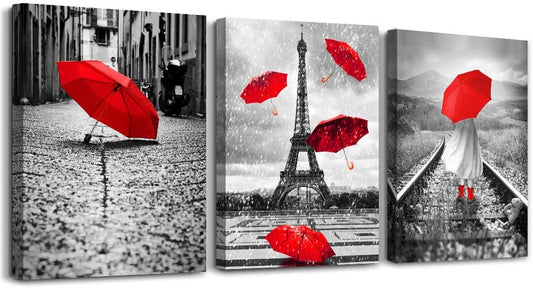 Black and white landscape Eiffel Tower 3 Piece Wall Art for Living Room Bathroom Decorations Kitchen Wall decor modern red umbrella Poster Canvas Print Office Bedroom Home Decoration wall paintings