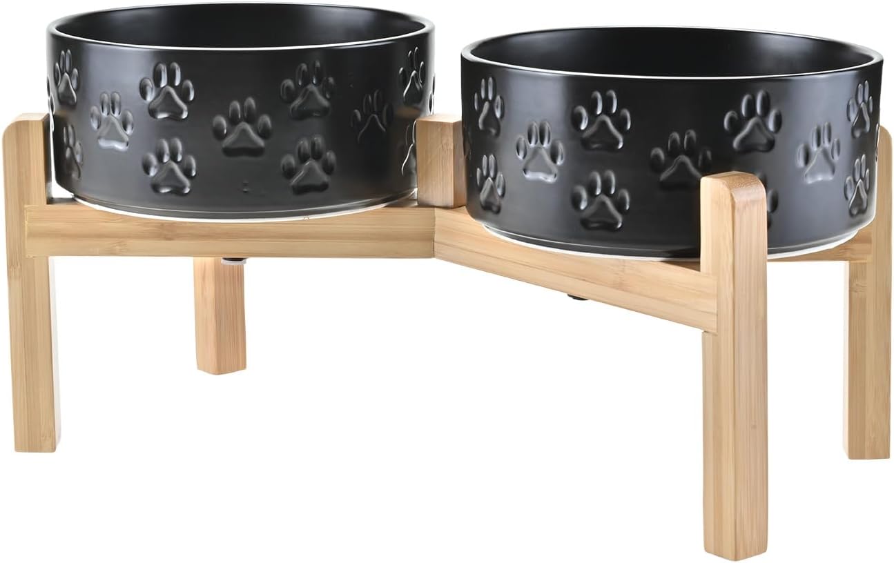 SPUNKYJUNKY Elevated Dog Bowls Ceramic, 7.3'' Dogs Food Water Bowls Raised with Non-Slip Bamboo Stand for Medium to Large Sized Breed Microwave Dishwasher Safe - 42 OZ,Paw Black