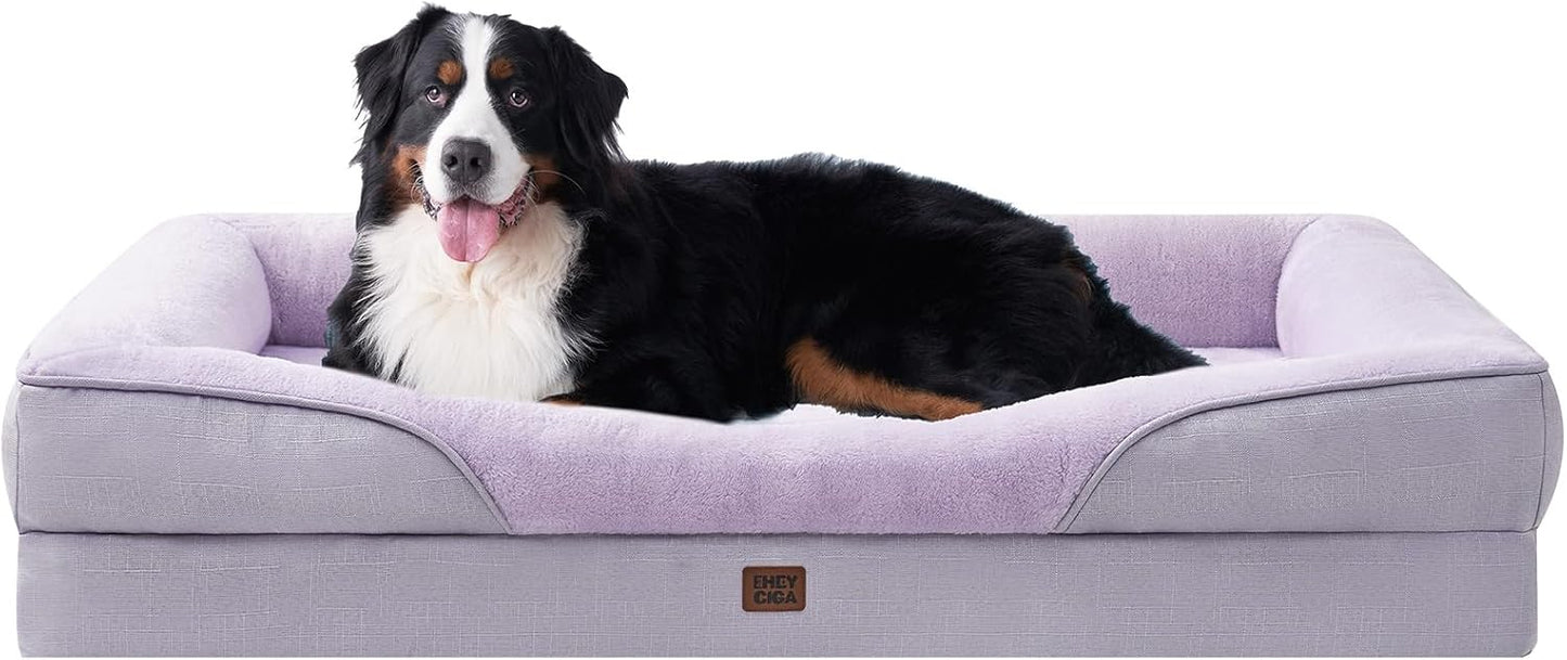 EHEYCIGA Memory Foam XXL Dog Bed for XLarge Sized, Extra Large Orthopedic Dog Sofa with Sides and Waterproof Liner, Washable Bolster Pet Couch with Removable Cover, 52x41x8 Inch, Purple