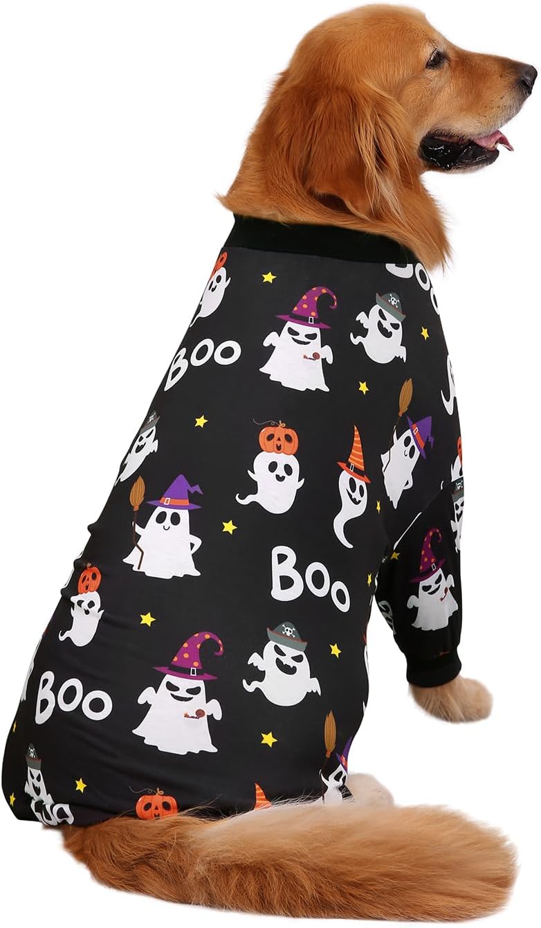 HDE Dog Pajamas One Piece Jammies Jumpsuit Pet Clothes Outfit Stretchy Lightweight Comfy Shirt Pjs for M-3XL Dogs Cute Ghosts - XL