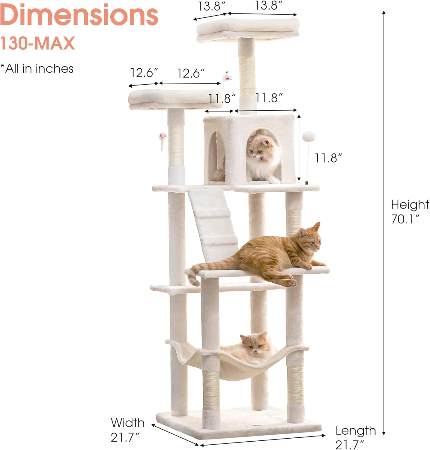 MWPO 70.1-Inch Large Cat Tree, Multi-Level Tall Cat Tower for Indoor Cats, Plush Cat Condo with Big Padded Perches, Sisal-Covered Scratching Posts, Hammock, Toys for Kittens & Cats - Beige