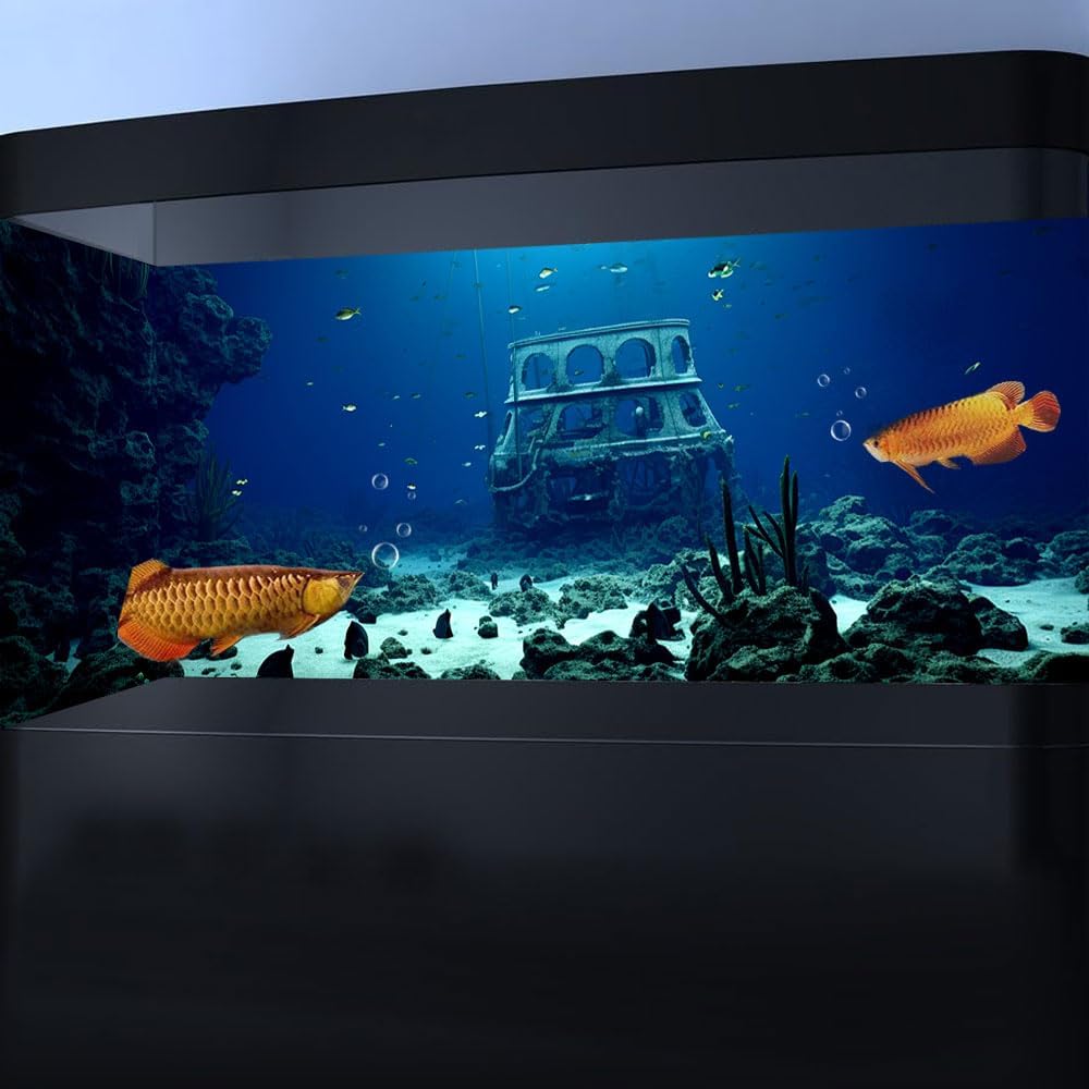 24X12IN Natural Underwater Aquarium Background, Pictures 3D Fish Reef Fish Tank Decoration Background, with 8 EVA Double-Sided Tape