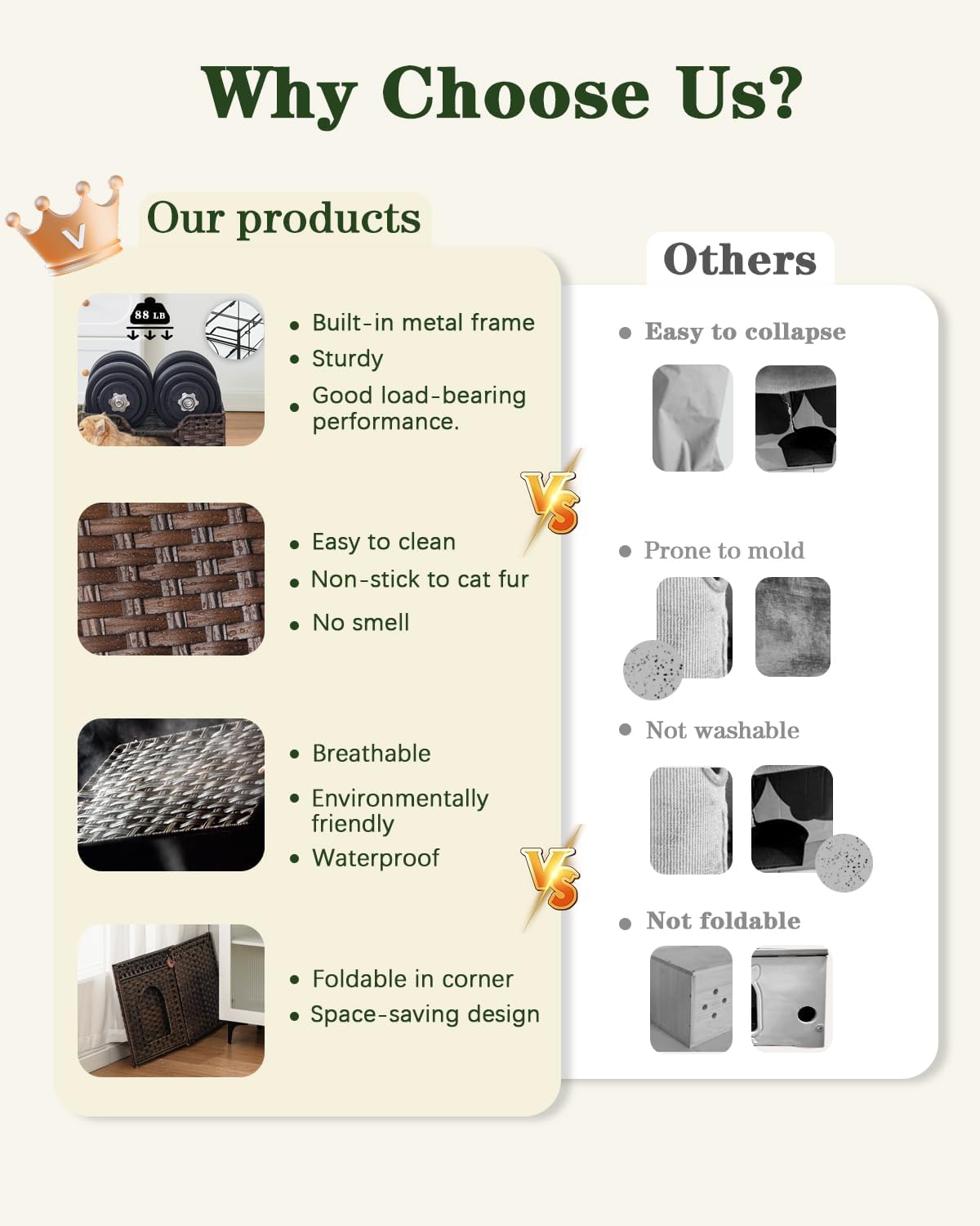 Cat Beds Indoor Kitten House, Handwoven Rattan Cat Cave Pet Cube, Large Cat Houses, One Bed Mat, Foldable, Hideaway, 16.5x16.5x13.2 Inches, 2 S-Shaped Hooks in Living Room Bedroom Brown