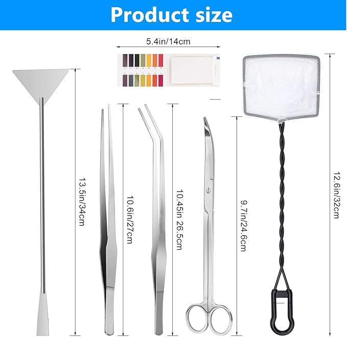 Luxiv Aquarium Aquascape Tools Kit, 6 in 1 A Aquatic Plant Aquascaping Tool Stainless Steel Tweezers Scissors Spatula for Aquarium Tank Clean Aquascape Tools with Fishing Net, 80P PH Paper