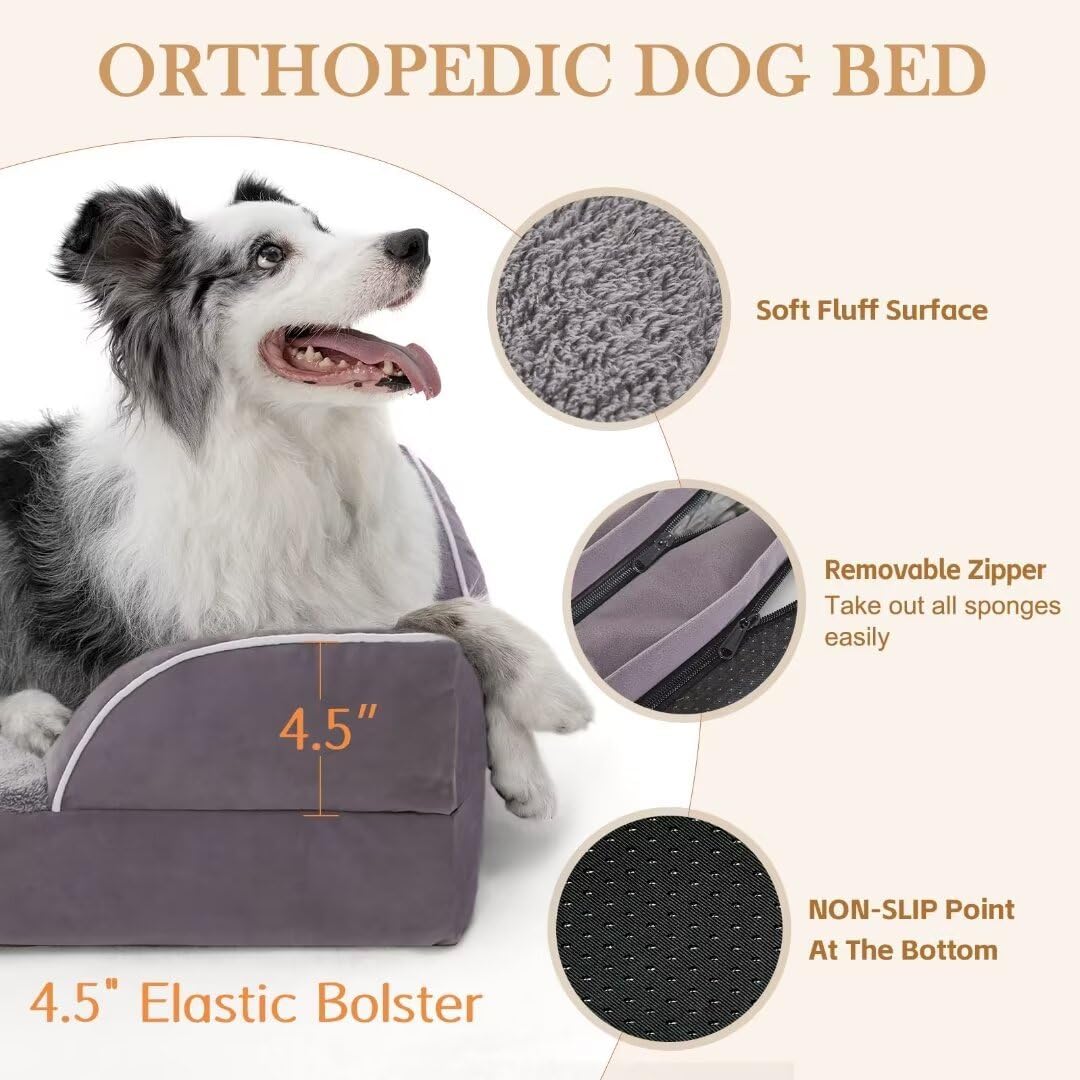 Comfort Expression Large Dog Beds Waterproof Comfy Pet Bed for Dogs Sofa, Orthopedic Foam Dog Beds with Washable Removable Cover & Non-Slip Bottom(Large,Purple)