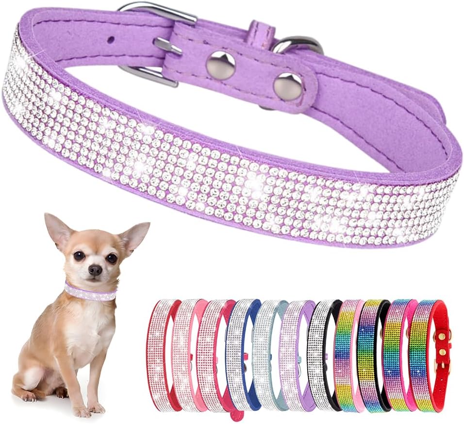 Rhinestone Dog Collar for Small Dogs, Bling Diamond Fancy Crystal Glitter Pretty Jewel Pet Puppy Collars for XXS XS Small Medium Large Breed Girl Dogs Female Cats Kitten, Purple L