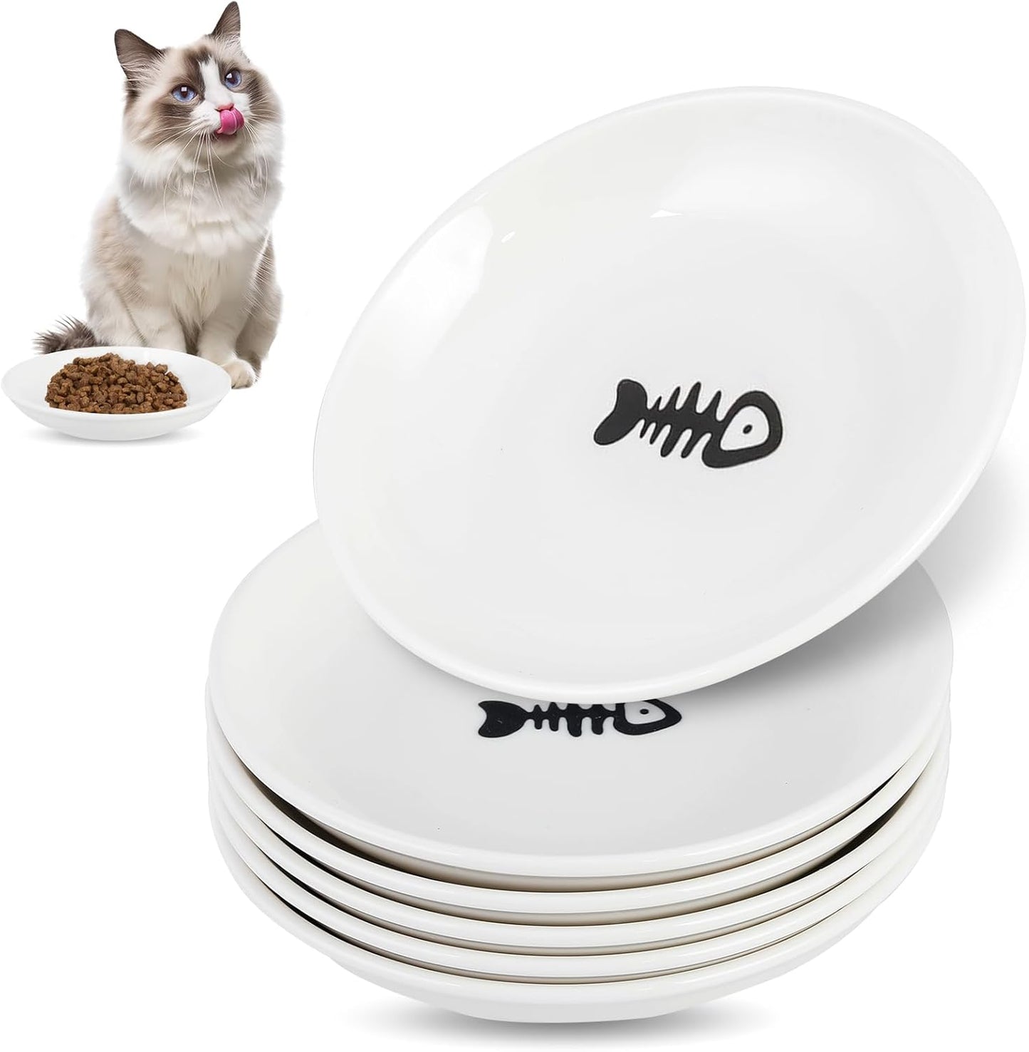 6 Pack Cat Food Bowl, Ceramic Cat Bowls, Anti Whisker Fatigue Cats Bowl Set,5.5 Inches Shallow Wide Kitten Plates for Food and Water (Fishbone Style)