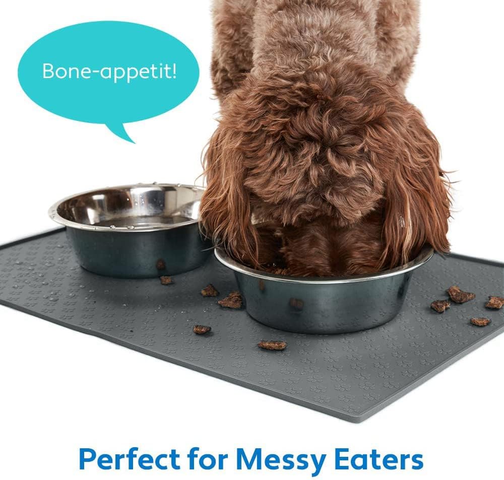MIGHTY MONKEY 100% Waterproof Dog Food Mat, Raised Edges Silicone Pet Feeding Placemat for Cat, Dogs, Pet Bowls, High Lipped Tray Prevents Water Spills, Food on Floor, Dishwasher Safe, 24x16, Gray