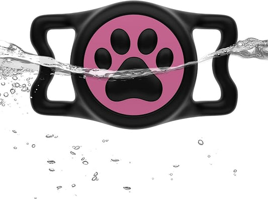 IP68 Waterpoof Dog Air tag Holder, Stretchy Silicone Full Body Covered Apple Air Tag Holder for Dog Cat Collar Fit All Width Collar (Black & Rose, 1 Pack)