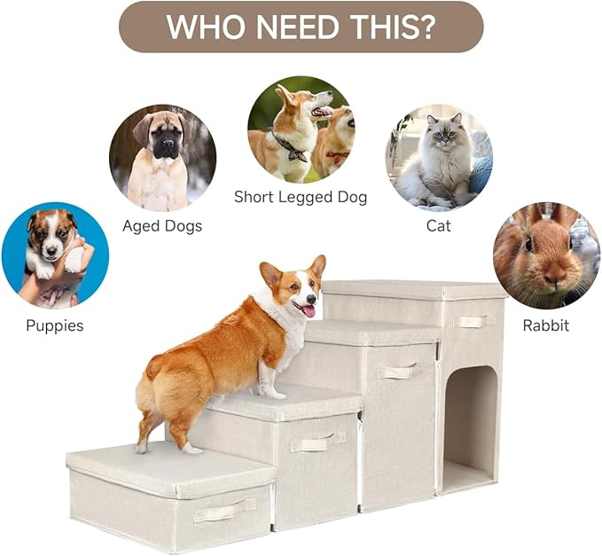 Dog Stairs with Storage, Folding Pet Steps with Zip for Small Dogs and Cats, 4-Step Pet Stairs with Pet House for High Bed, Couch and Car Ramp, Up to 200 Lbs (Beige, 4 Steps with Condo)