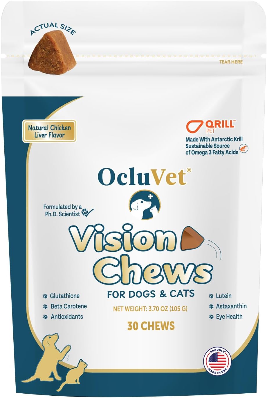 Vision Chews Eye Supplements for Dogs & Cats, Natural Chicken Flavor, Contains Omega 3, Lutein, Antioxidants, & More, Cat & Dog Eye Supplements, No Preservatives, Made in USA, 1 Bag, 30 Chews