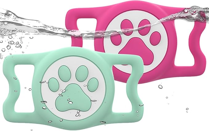 IP68 Waterpoof Dog Airtag Holder, Stretchy Silicone Full Body Covered Apple Air Tag Holder for Dog Cat Collar Fit All Width Collar (Green/Rose, 2 Pack)