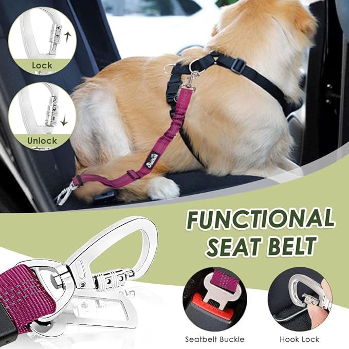 Lukovee Dog Seat Belt for Car, Adjustable Dog Car Harness for Large Medium Small Dogs, Soft Padded & Breathable Mesh Dog Seatbelt with Car Strap and Carabiner(Rose Double Clip,XXX-Small)