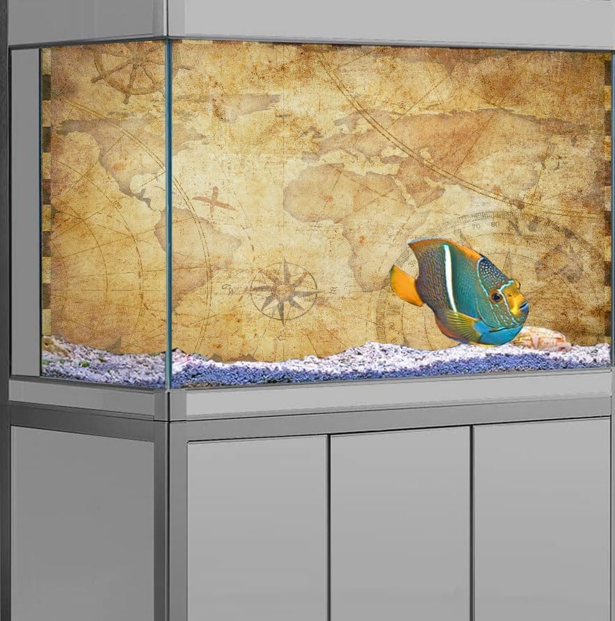 72X24IN Retro Old Travel World Map Terrarium Background, Art Parchment Pirate Treasure Map Reptile Habitat Background with 10EVA Double-Sided Tape