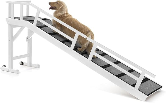 Dog Ramp for Bed or Couch, Wooden Pet Ramp with 20° Gentle Slope, Removable Side Rails, Non-Slip Surface, Top Platform & Wheels, Safe Bed Ramp for Small, Medium & Senior Dogs, 74" Long, White