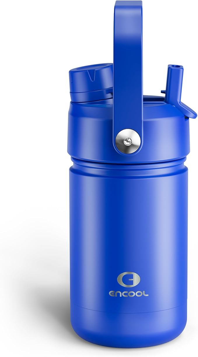 Kids Insualated Water Bottle with Straw - 12oz Stainless Steel Water Bottle with Dual Spouts, Leak-Proof, BPA-Free, Double Wall Vacuum Keeps Cold for 24 Hours for Sports, Travel, School (Royal Blue)