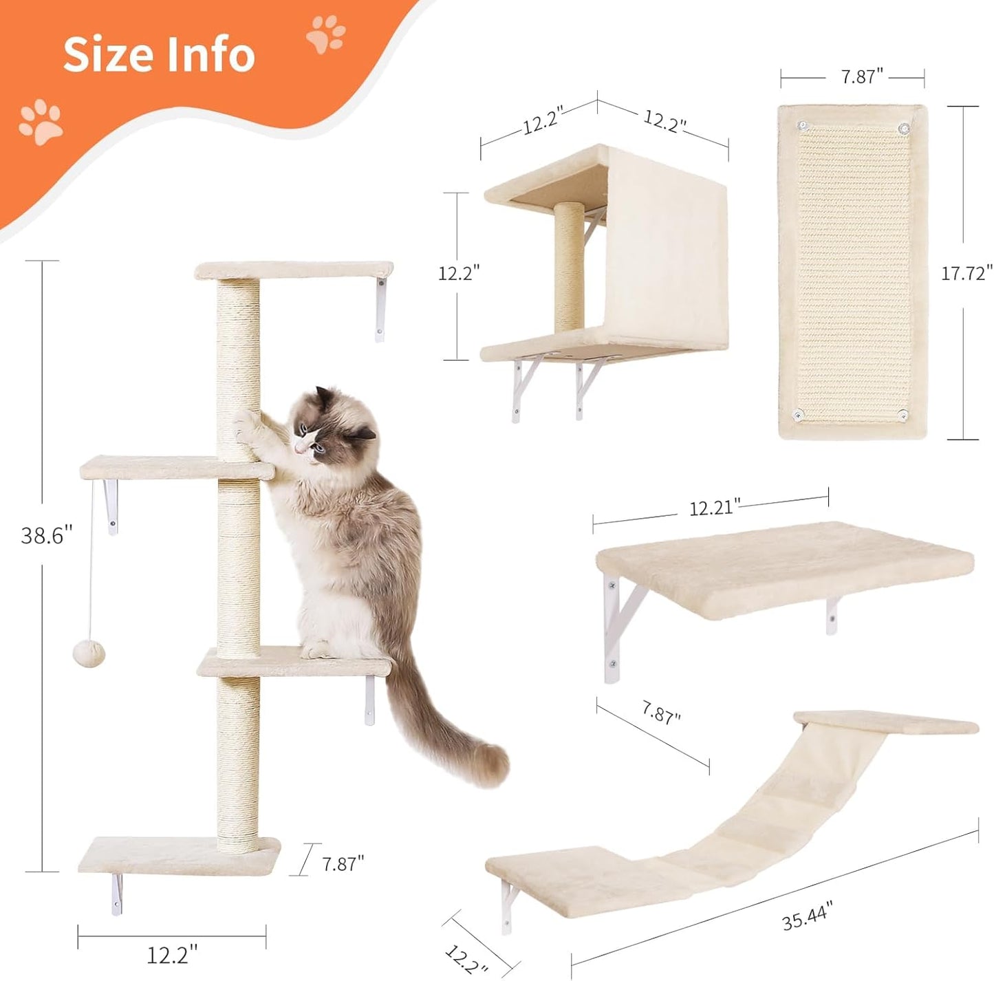 Modern Wall-Mounted Cat Furniture - 5pcs Cat Wall Shelves, Wooden Climber Includes House, Bridge, Tree, Steps, and Scratcher