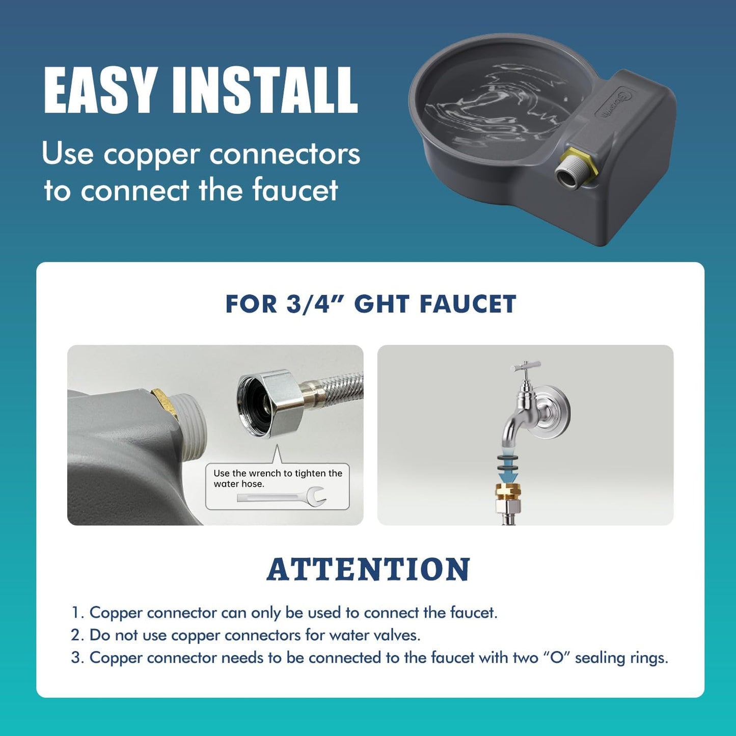 Automatic Water Dispenser for Dogs, Patented 2L Dog Water Bowl Dispenser, Automatic Chicken Waterer Fit 3/4'' GHT Faucet, Water Hose, Copper Connector Outdoor Dog Water Bowl for Livestock Animal