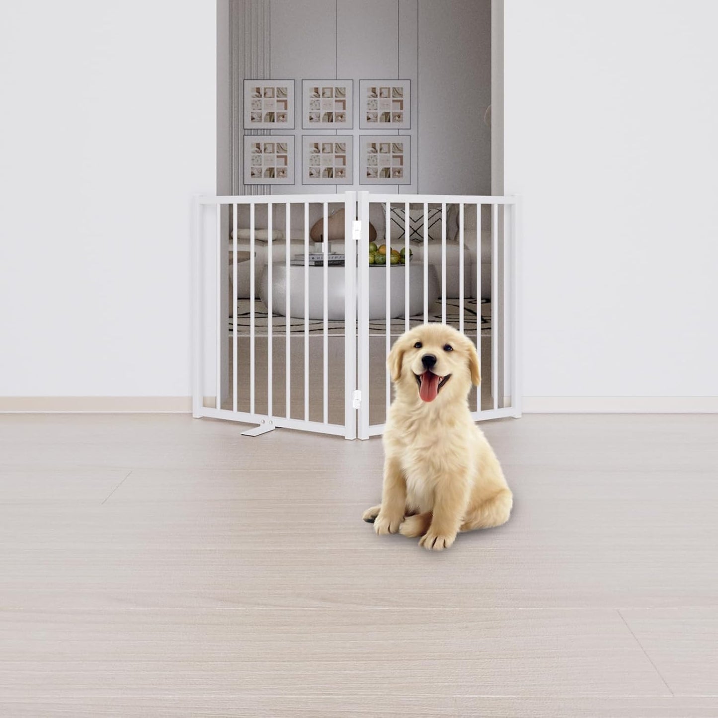 Full Metal Freestanding Dog Gate with Door, 24'' Height Foldable Pet Dog Fence for Indoor & Outdoor, 2 Panels Extra Wide Free Standing Small Dog Gates for Doorways,House,Stairs,Porch,Deck,Yard