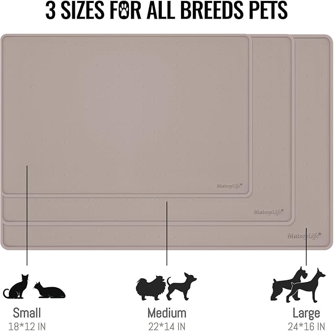 MateeyLife Dog & Cat Food Water Mat for Floors Waterproof, Nonslip Pets Bowl Feeding Mats with Raised Edges, Silicone Matt Tray for Messy Drinkers, 24"x16", Taupe