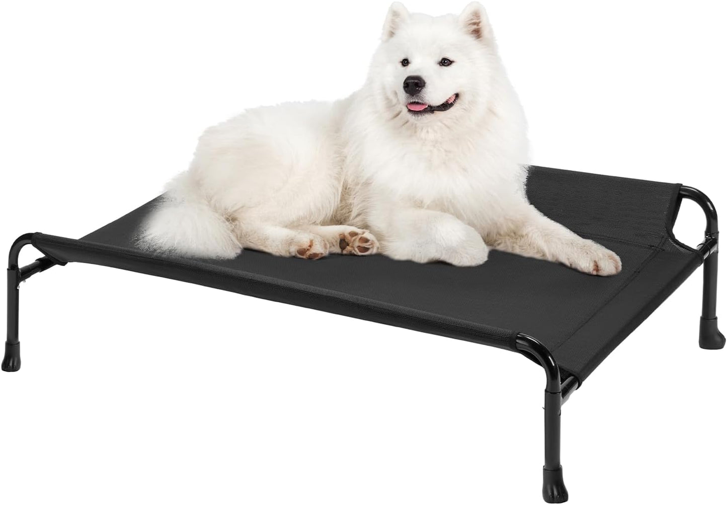 Veehoo Elevated Dog Bed, Cooling Raised Dog Bed with Guardrail & Headrest, Upgraded Non-Slip Silicon Feet, Breathable Teslin Mesh, Portable Pet Cot for Indoor and Outdoor, 35 x 22 Inches, Black
