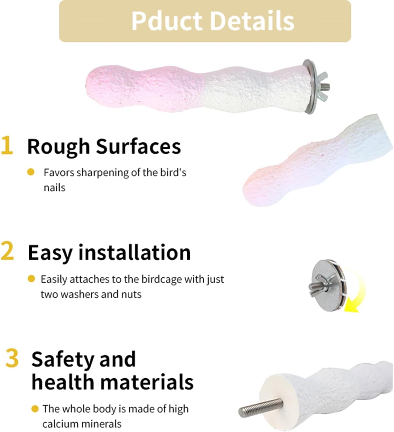 Bird Perches for Cage, Abrasive Surface High Calcium Mineral Parrot Perch Stand - Bird Nail File for Claw & Beak Health, Colorful Ceramic Bird Cage Accessories (Pink, Coral)